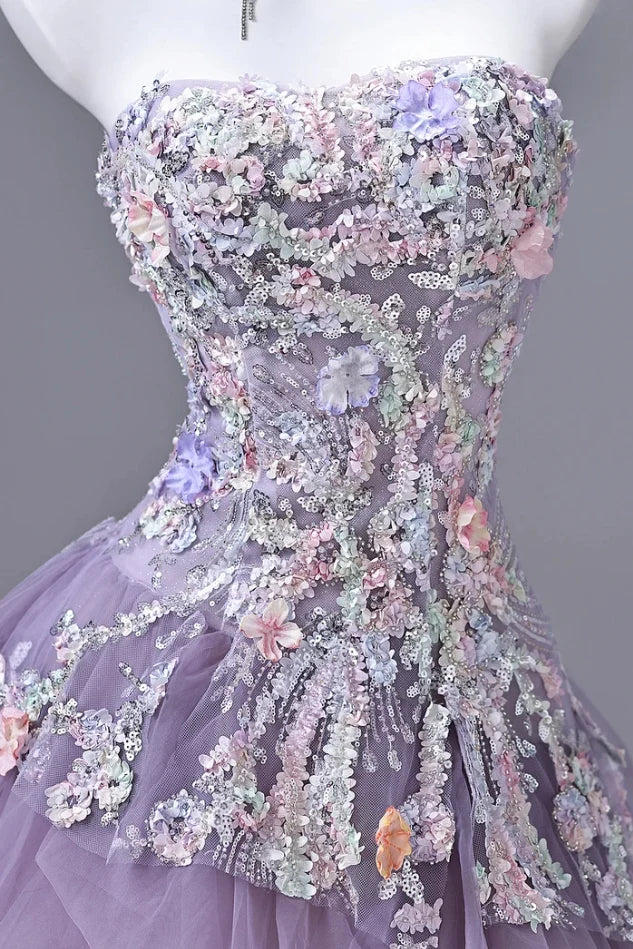 Elegant A-Line Strapless Sleeveless Floral Tiered Lavender Floor-Length Prom Dresses Women