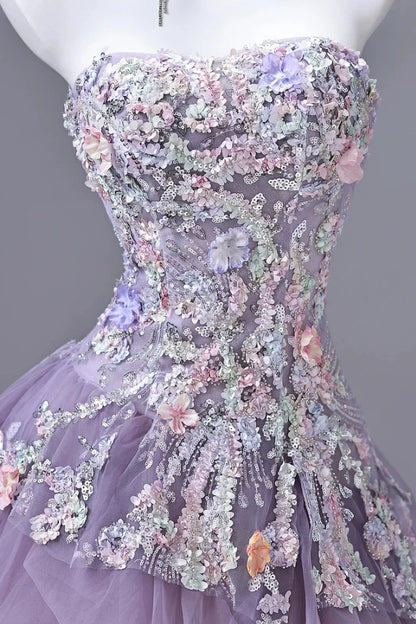 Elegant A-Line Strapless Sleeveless Floral Tiered Lavender Floor-Length Prom Dresses Women
