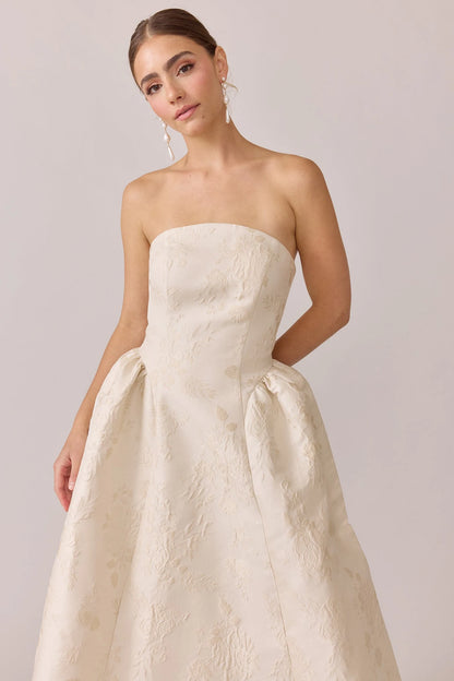 Elegant A-Line Strapless Sleeveless Jacquard Champagne Floor-Length Prom Dresses