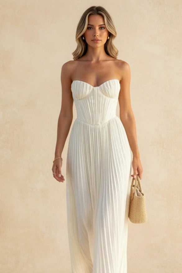Elegant A-Line Strapless Sleeveless Pleated Corset Ivory Floor-Length Prom Dress for Women