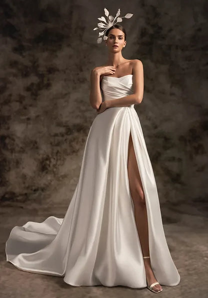 Elegant A-Line Strapless Sleeveless Pleated Slit Ivory Long Wedding Dresses Women