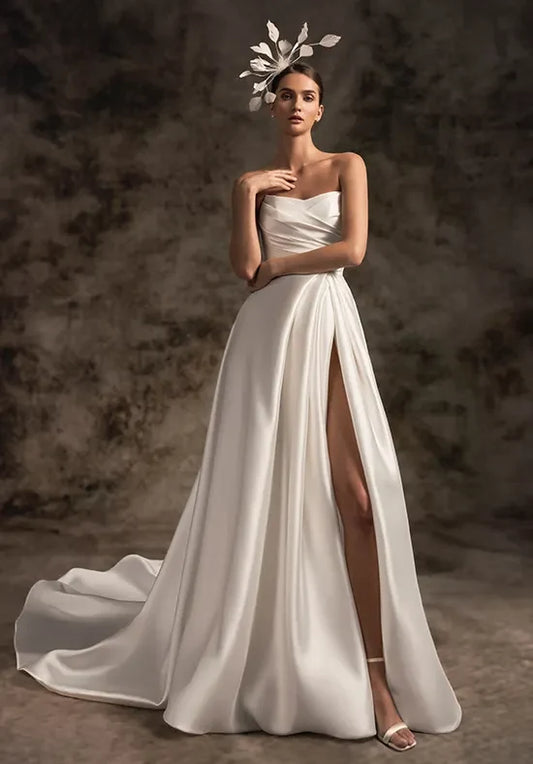 Elegant A-Line Strapless Sleeveless Pleated Slit Ivory Long Wedding Dresses Women