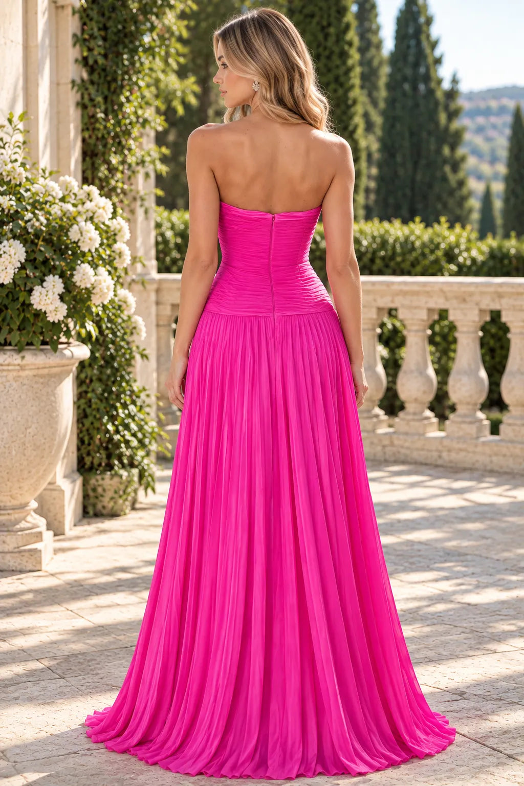 Elegant A-Line Strapless Sleeveless Pleated Slit Pink Maxi Prom Dresses Gown