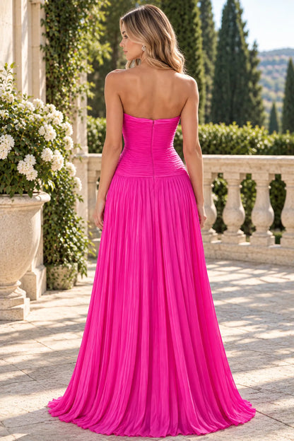 Elegant A-Line Strapless Sleeveless Pleated Slit Pink Maxi Prom Dresses Gown