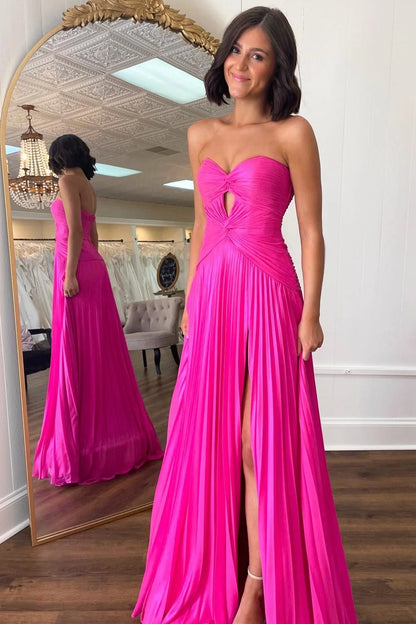 Elegant A-Line Strapless Sleeveless Pleated Slit Pink Maxi Prom Dresses Gown