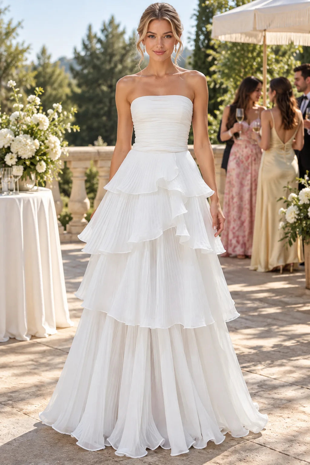 Elegant A-Line Strapless Sleeveless Pleated Tiered White Long Prom Dresses Women Gown