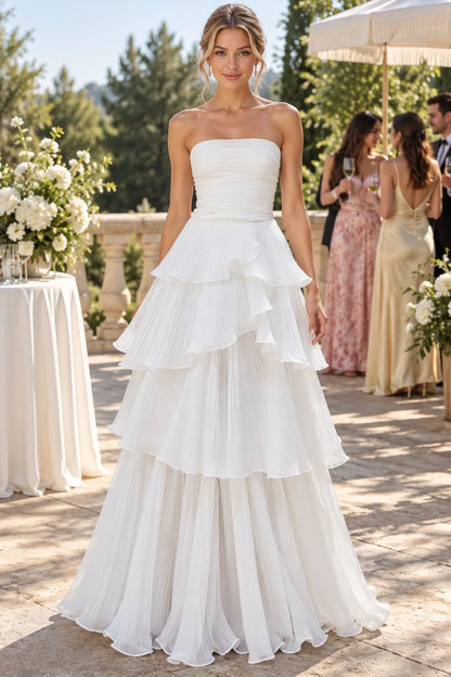 Elegant A-Line Strapless Sleeveless Pleated Tiered White Long Prom Dresses Women Gown
