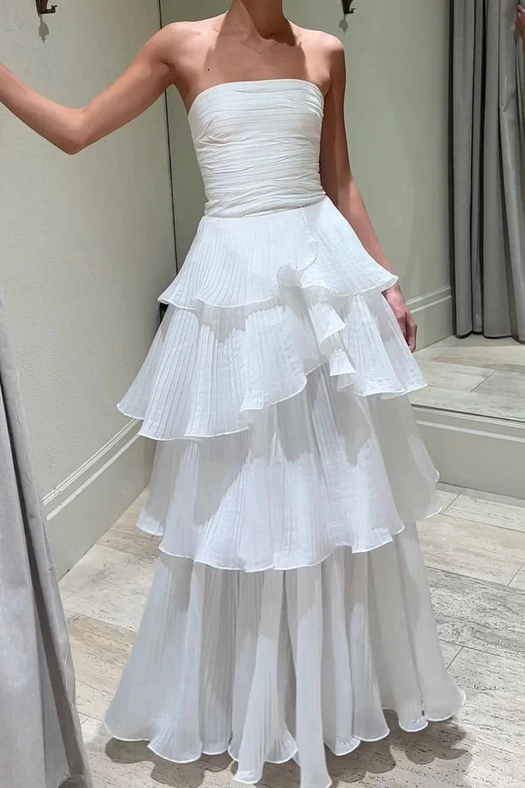 Elegant A-Line Strapless Sleeveless Pleated Tiered White Long Prom Dresses Women Gown