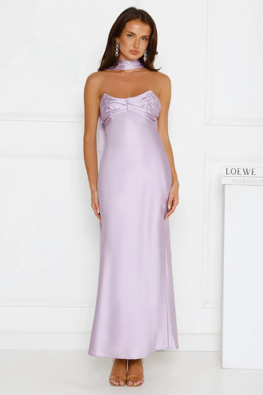 Elegant A-Line Strapless Sleeveless Ruched Backless Lilac Floor-Length Prom Dresses Women's Gown
