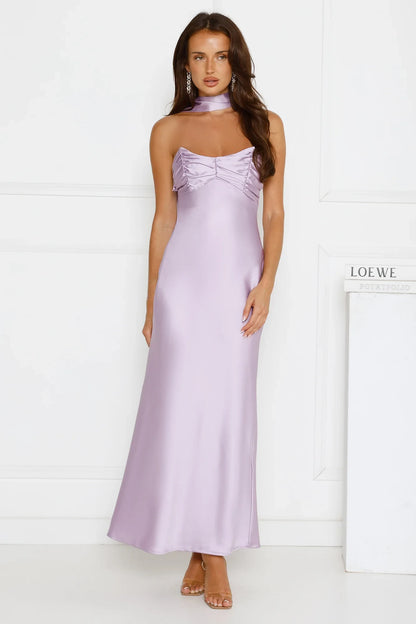 Elegant A-Line Strapless Sleeveless Ruched Backless Lilac Floor-Length Prom Dresses Women's Gown