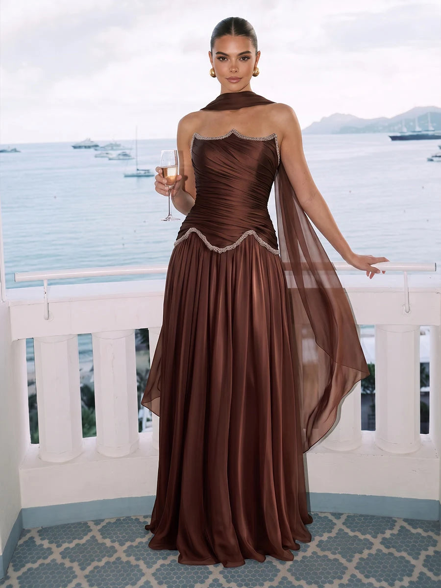 Elegant A-Line Strapless Sleeveless Ruched Beaded Brown Long Prom Dresses Gown