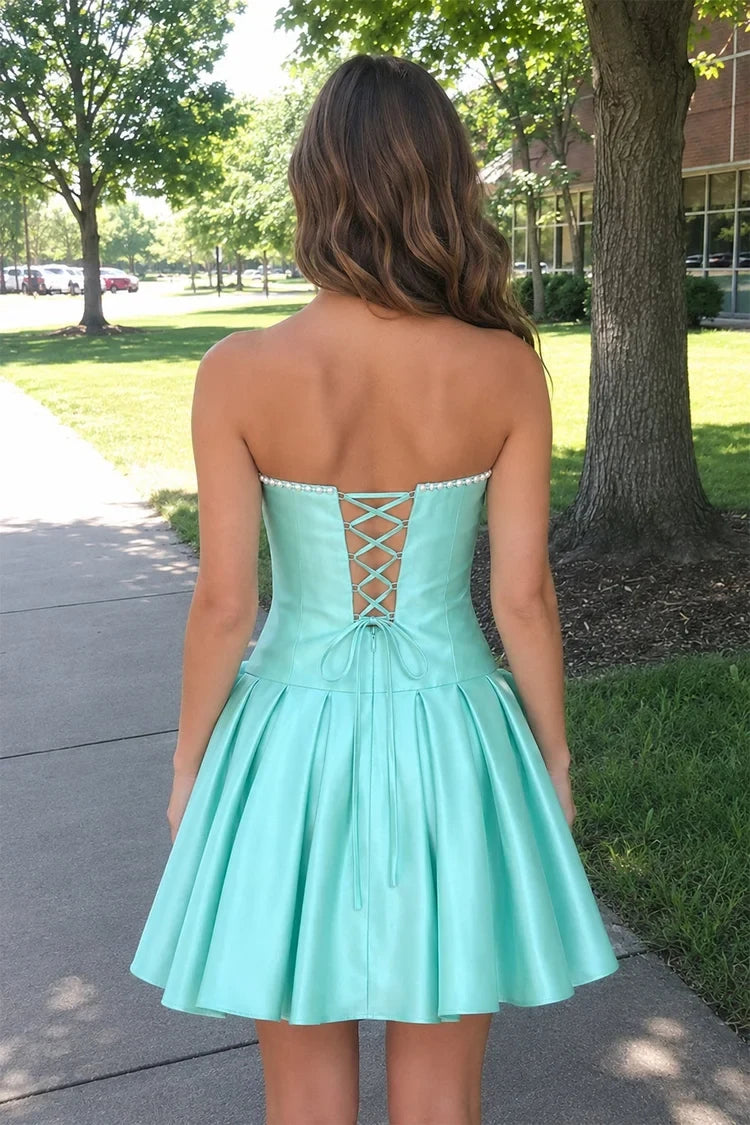 Elegant A-Line Strapless Sleeveless Ruched Bow Aqua Short Homecoming Dress for Women