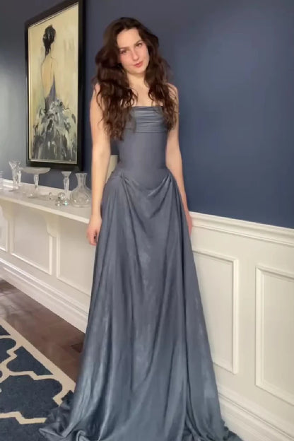 Elegant A-Line Strapless Sleeveless Ruched Draped Dusty Blue Floor Length Prom Dresses For Women Evening Gown