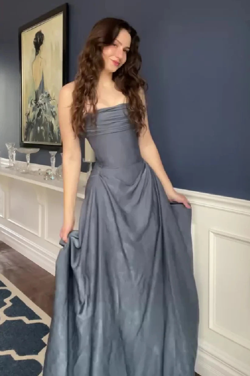 Elegant A-Line Strapless Sleeveless Ruched Draped Dusty Blue Floor Length Prom Dresses For Women Evening Gown