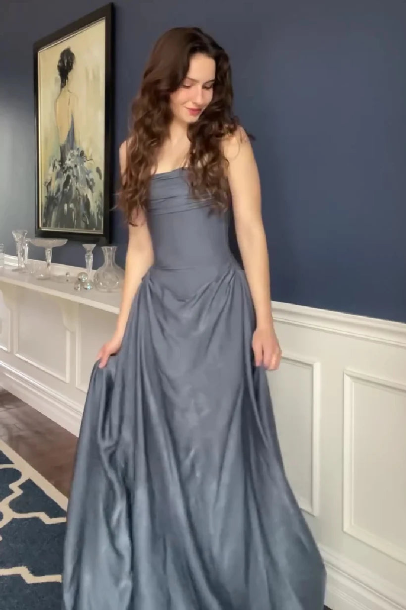 Elegant A-Line Strapless Sleeveless Ruched Draped Dusty Blue Floor Length Prom Dresses For Women Evening Gown