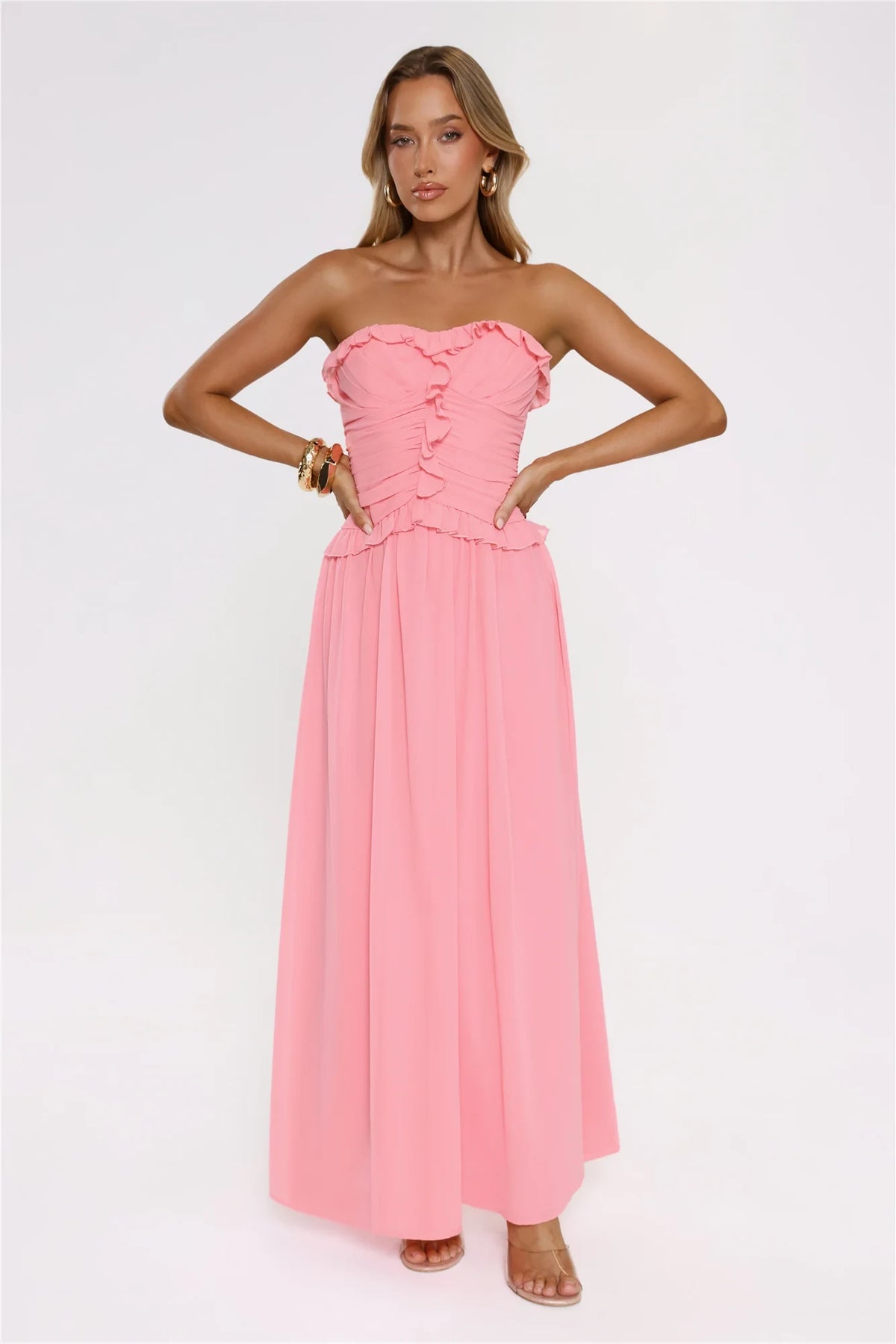 Elegant A-Line Strapless Sleeveless Ruffled Ruched Pink Maxi Prom Dress Women's