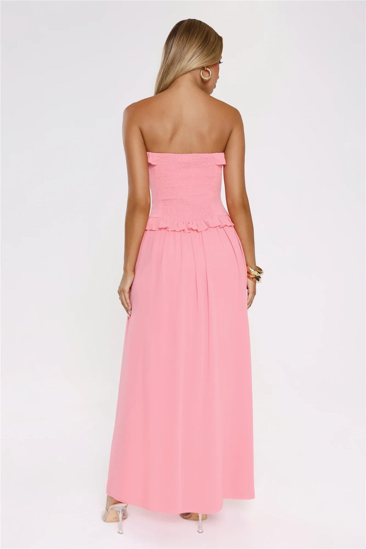 Elegant A-Line Strapless Sleeveless Ruffled Ruched Pink Maxi Prom Dress Women's