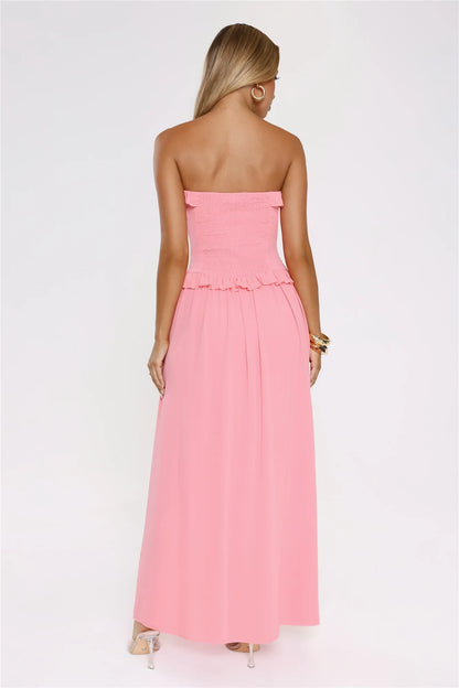 Elegant A-Line Strapless Sleeveless Ruffled Ruched Pink Maxi Prom Dress Women's