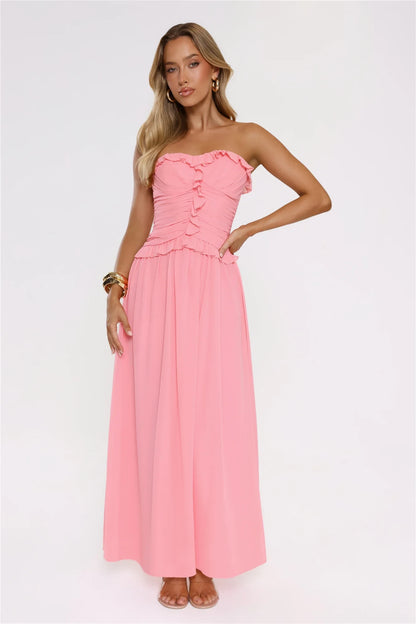 Elegant A-Line Strapless Sleeveless Ruffled Ruched Pink Maxi Prom Dress Women's