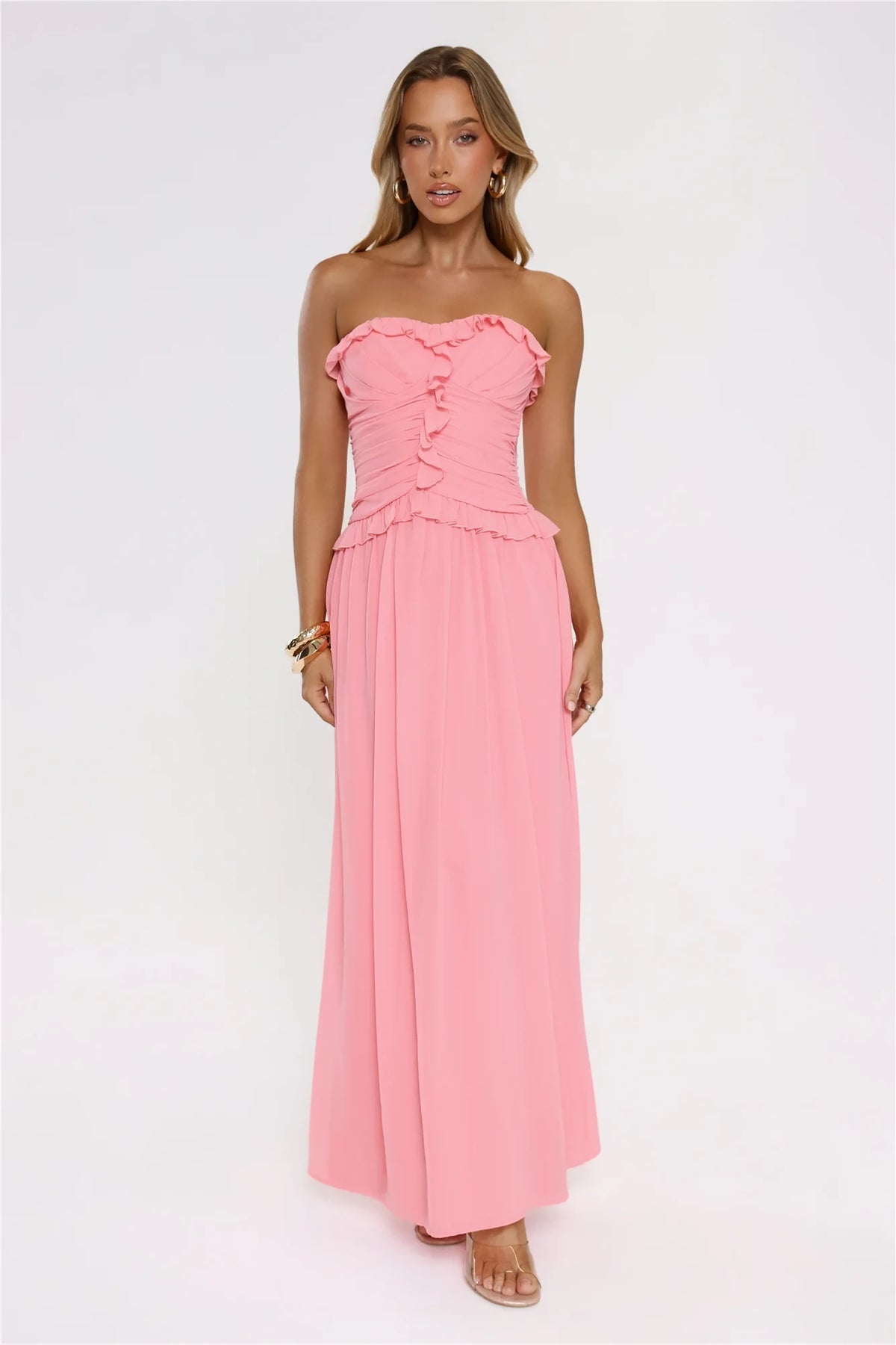 Elegant A-Line Strapless Sleeveless Ruffled Ruched Pink Maxi Prom Dress Women's