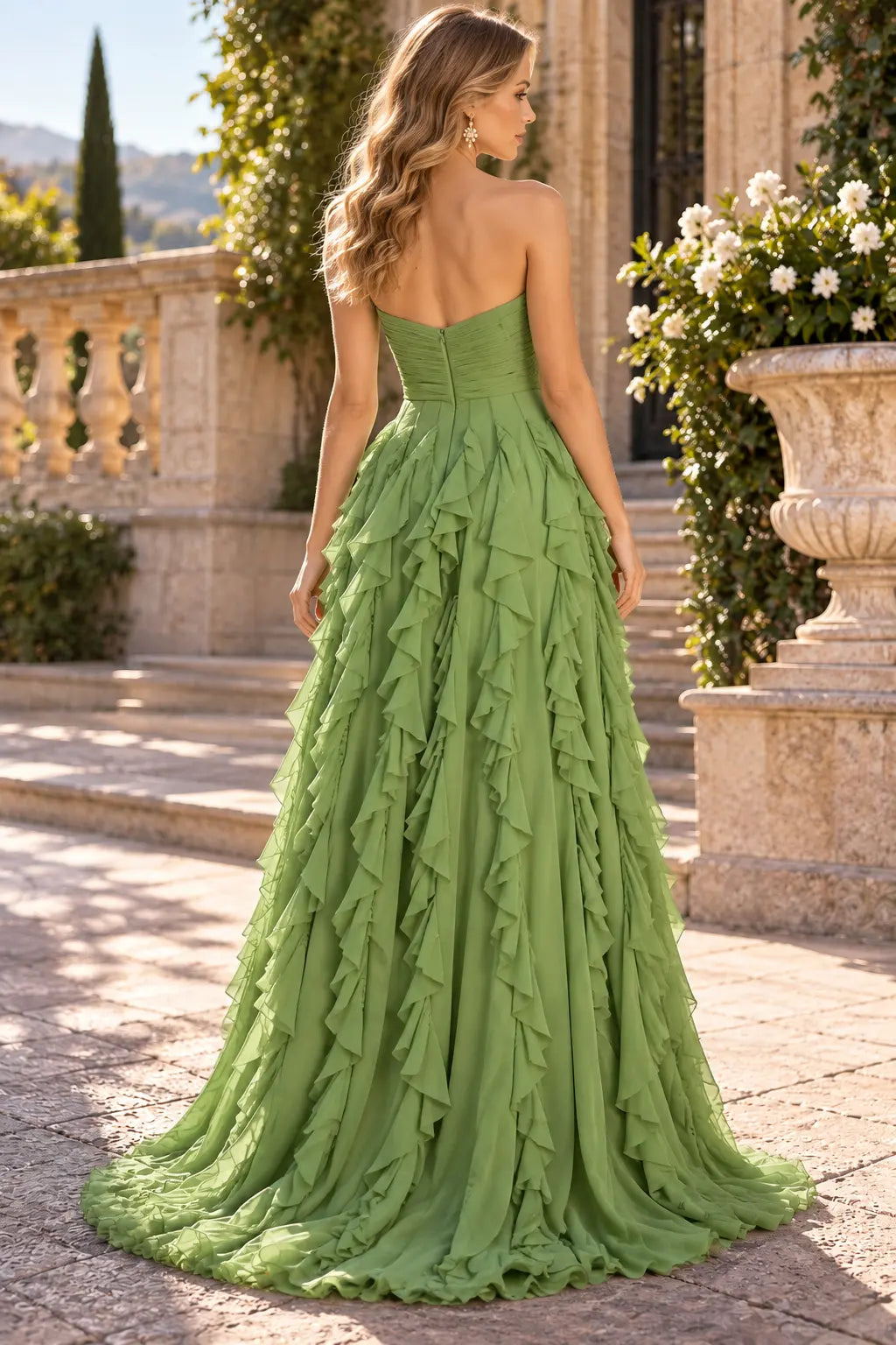 Elegant A-Line Strapless Sleeveless Ruffled Slit Green Maxi Prom Dresses Women