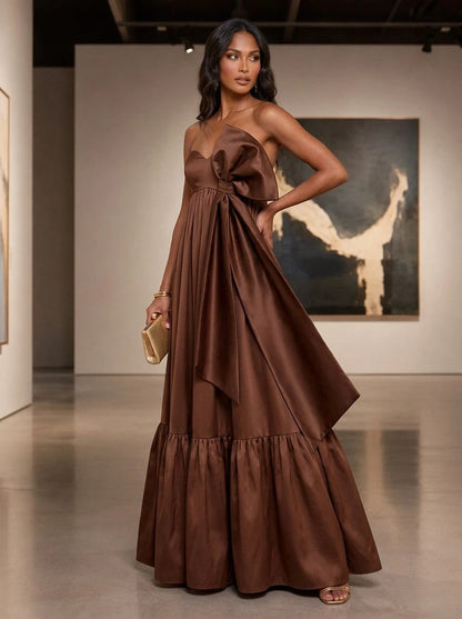 Elegant A-Line Strapless Sleeveless Tiered Bow Brown Long Prom Dresses for Women