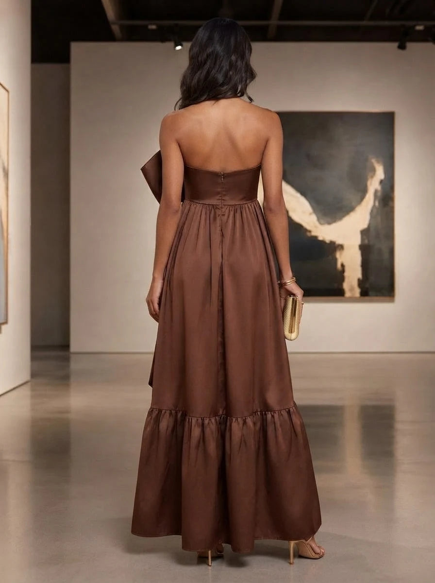 Elegant A-Line Strapless Sleeveless Tiered Bow Brown Long Prom Dresses for Women