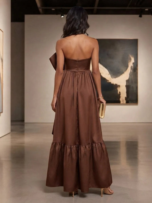 Elegant A-Line Strapless Sleeveless Tiered Bow Brown Long Prom Dresses for Women