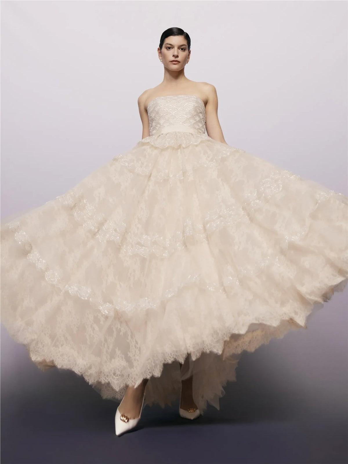 Elegant A-Line Strapless Sleeveless Tiered Champagne Maxi Evening Dresses Women Gown