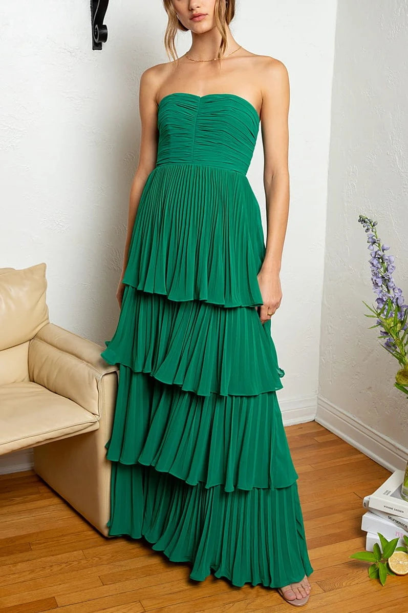 Elegant A-Line Strapless Sleeveless Tiered Pleated Green Long Prom Dresses Gown
