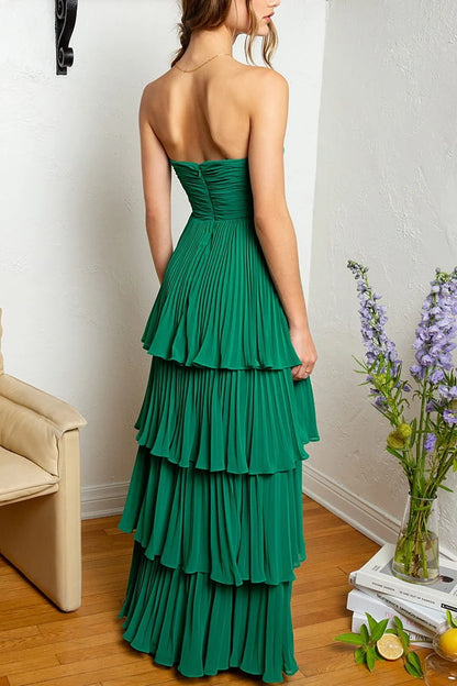 Elegant A-Line Strapless Sleeveless Tiered Pleated Green Long Prom Dresses Gown