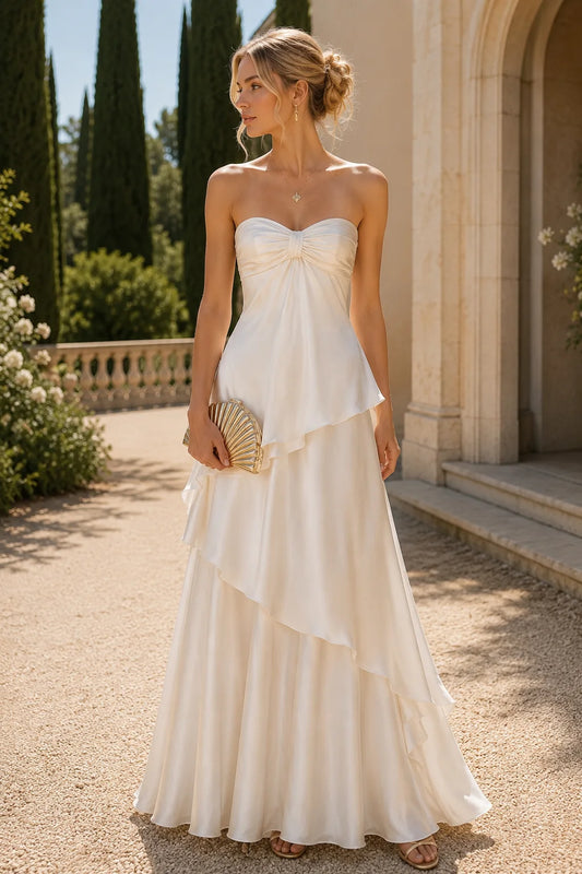 Elegant A-Line Strapless Sleeveless Tiered Ruffle Ivory Maxi Prom Dresses Gown