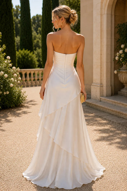 Elegant A-Line Strapless Sleeveless Tiered Ruffle Ivory Maxi Prom Dresses Gown