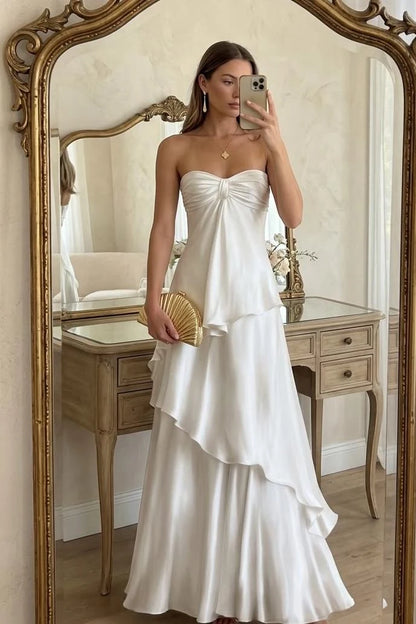 Elegant A-Line Strapless Sleeveless Tiered Ruffle Ivory Maxi Prom Dresses Gown