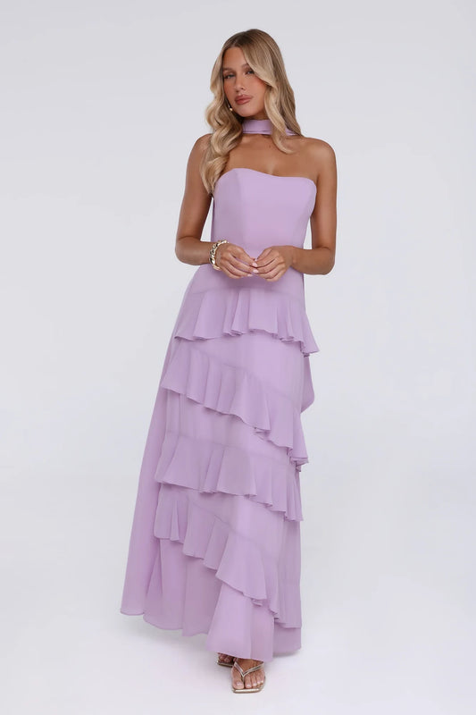 Elegant A-Line Strapless Sleeveless Tiered Ruffle Lavender Floor-Length Prom Dress for Women
