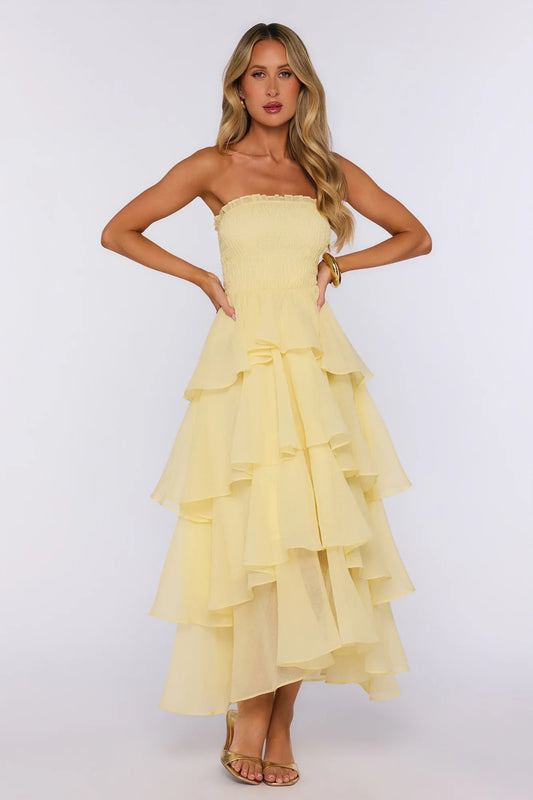 Elegant A-Line Strapless Sleeveless Tiered Ruffle Pastel Yellow Midi Prom Dresses Women's Gown