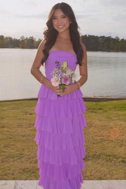 Elegant A-Line Strapless Sleeveless Tiered Ruffled Purple Floor Length Prom Dresses For Women