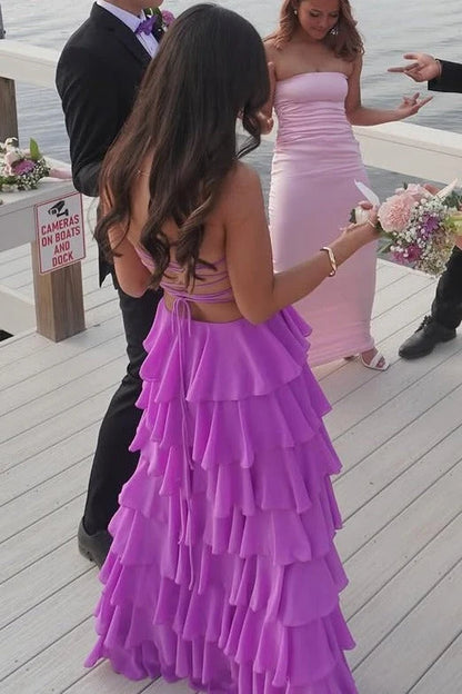 Elegant A-Line Strapless Sleeveless Tiered Ruffled Purple Floor Length Prom Dresses For Women