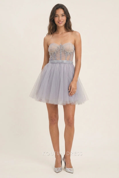 Elegant A-Line Strapless Sweetheart Beaded Tulle Lavender Grey Short Homecoming Dresses