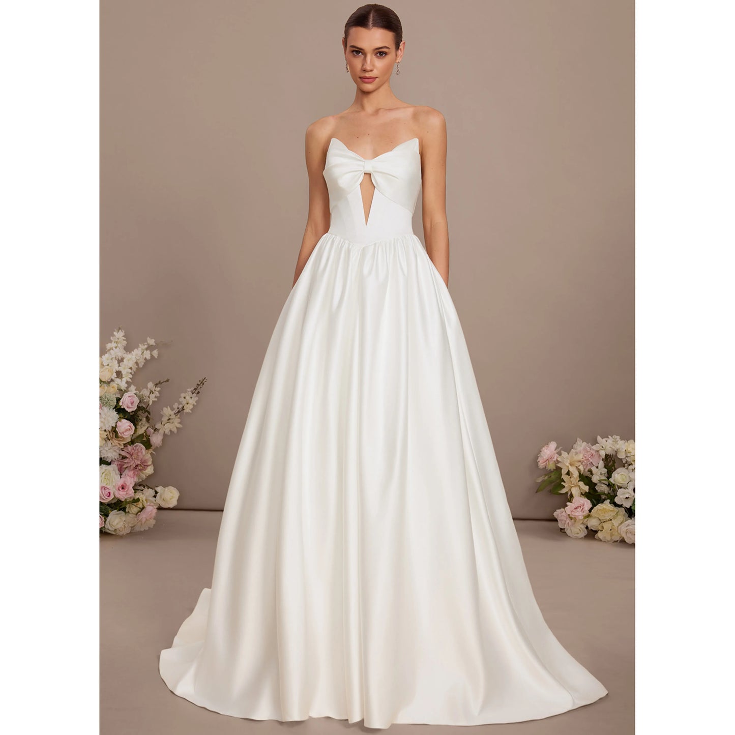 Elegant A-Line Strapless Sweetheart Bow Ivory Floor-Length Wedding Dresses For Brides