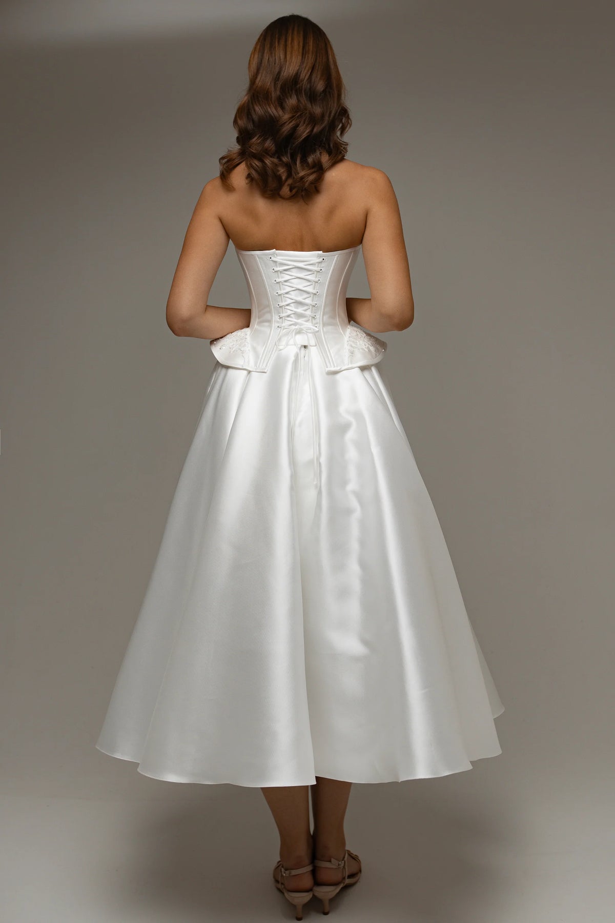 Elegant A-Line Strapless Sweetheart Embroidered Peplum White Tea-Length Wedding Dresses