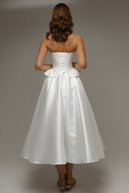 Elegant A-Line Strapless Sweetheart Embroidered Peplum White Tea-Length Wedding Dresses