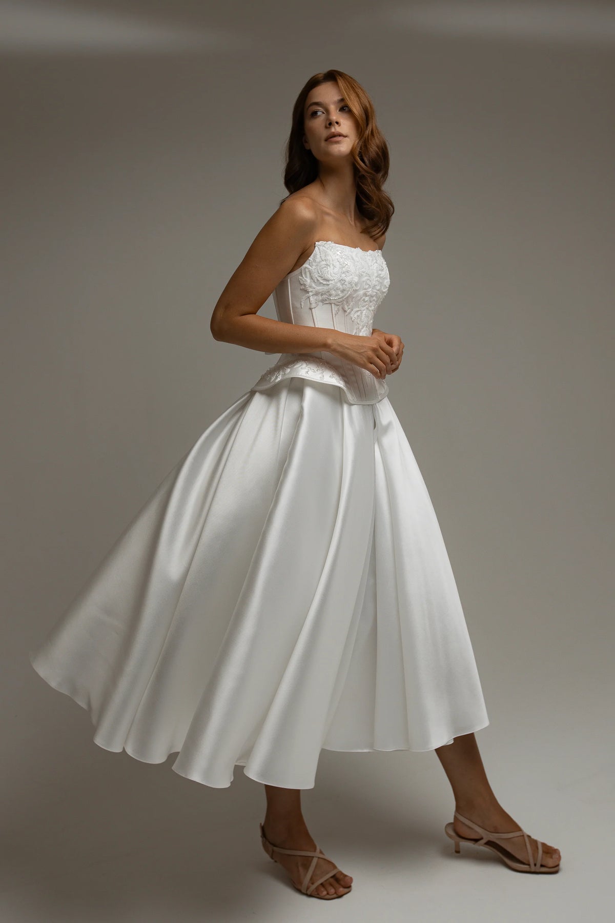 Elegant A-Line Strapless Sweetheart Embroidered Peplum White Tea-Length Wedding Dresses