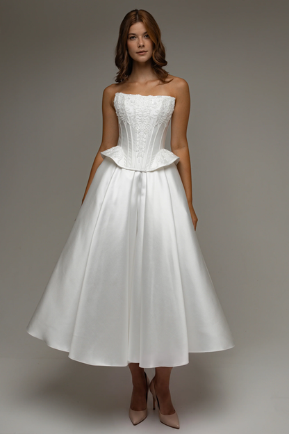Elegant A-Line Strapless Sweetheart Embroidered Peplum White Tea-Length Wedding Dresses