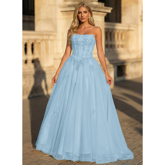 Elegant A-Line Strapless Sweetheart Embroidered Tulle Sky Blue Floor-Length Prom Dress