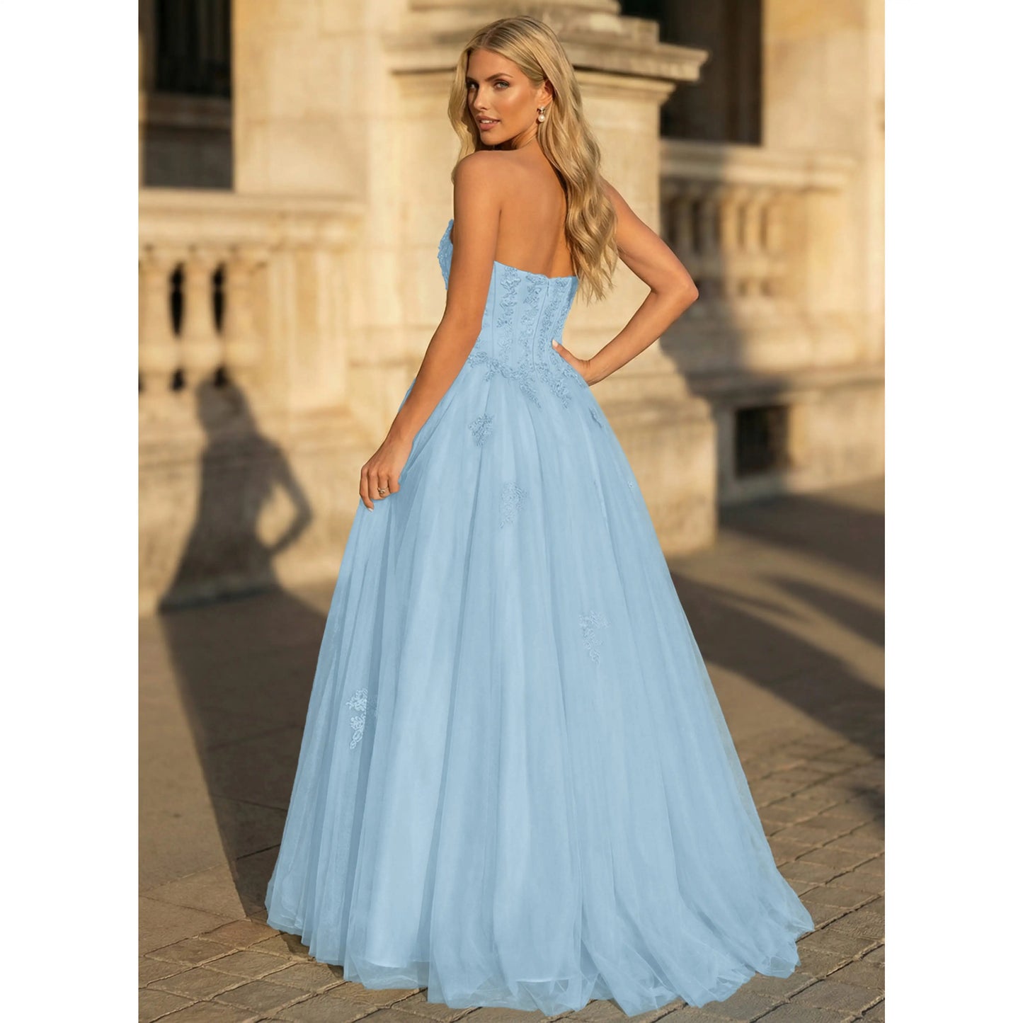 Elegant A-Line Strapless Sweetheart Embroidered Tulle Sky Blue Floor-Length Prom Dress