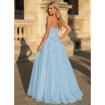 Elegant A-Line Strapless Sweetheart Embroidered Tulle Sky Blue Floor-Length Prom Dress
