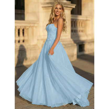 Elegant A-Line Strapless Sweetheart Embroidered Tulle Sky Blue Floor-Length Prom Dress