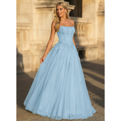 Elegant A-Line Strapless Sweetheart Embroidered Tulle Sky Blue Floor-Length Prom Dress