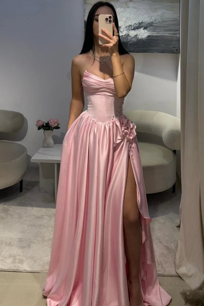 Elegant A-Line Strapless Sweetheart Ruched Embellished Pink Floor-Length Prom Dresses